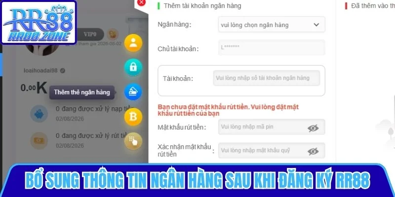 Bổ sung thông tin ngân hàng sau khi đăng ký RR88